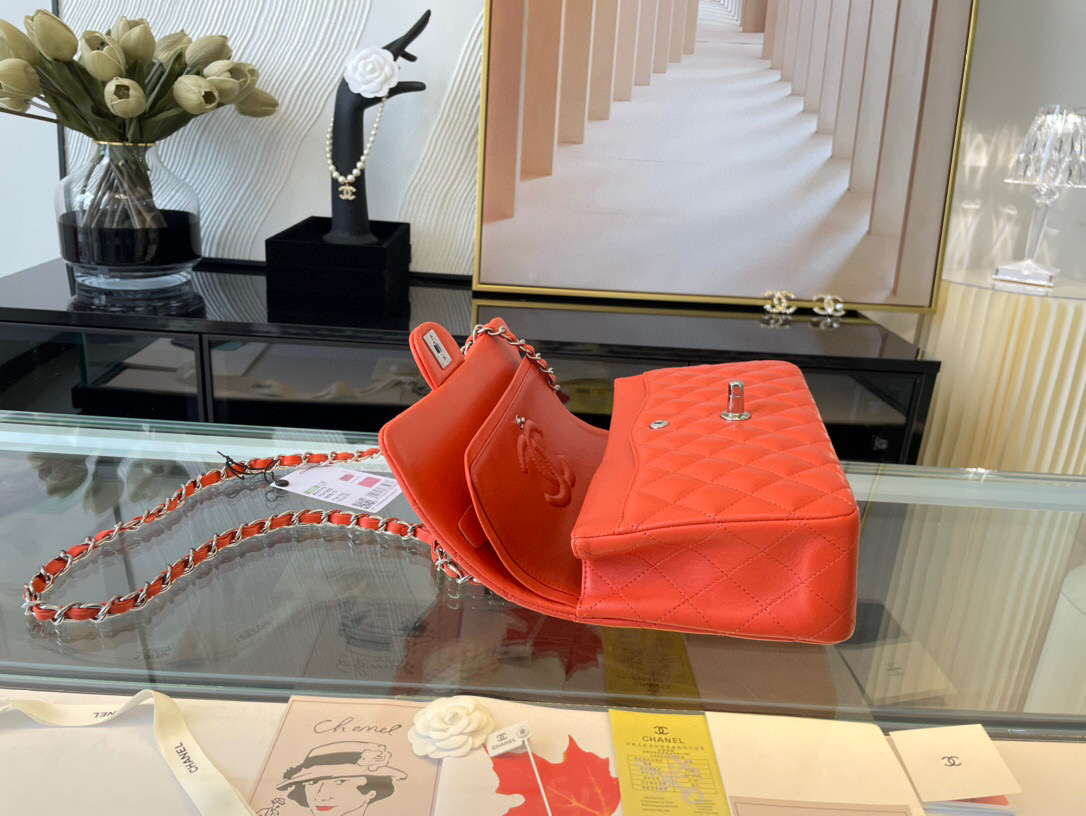 Ch**el classic double flap bag lambskin orange a01112 25.5 cm