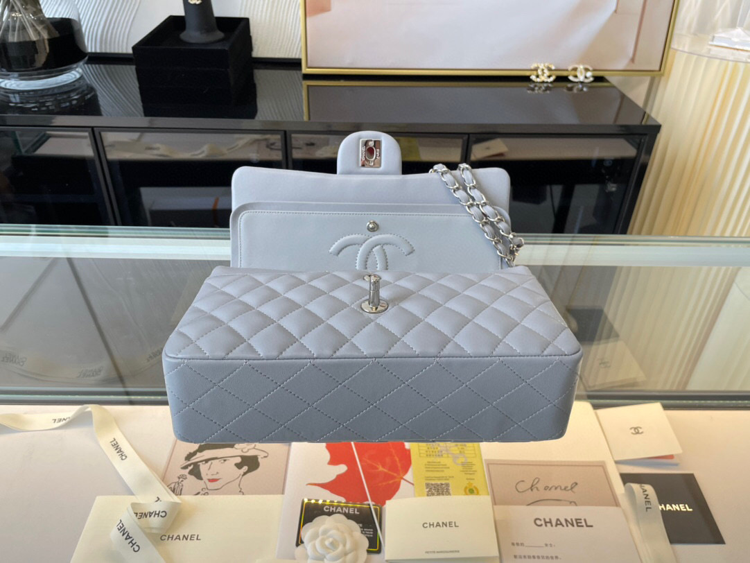 Ch**el classic flap bag grey lambskin sliver chain a01112 25.5cm