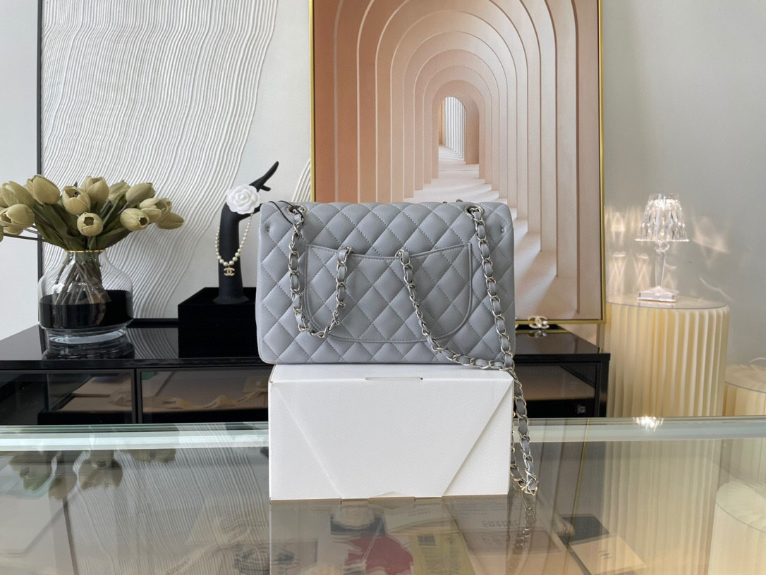 Ch**el classic flap bag grey lambskin sliver chain a01112 25.5cm