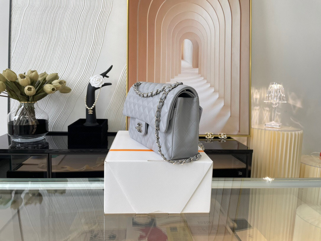 Ch**el classic flap bag grey lambskin sliver chain a01112 25.5cm