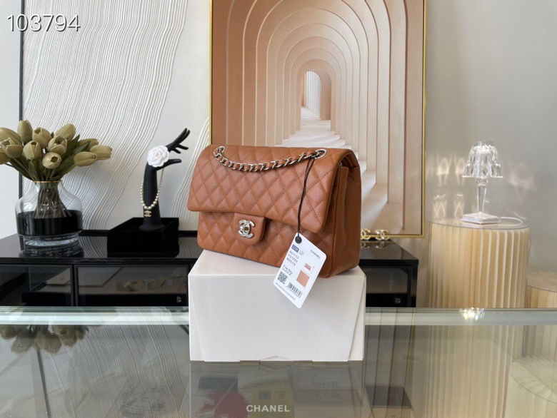 Ch**el classic flap bag brown caviar leather sliver chain a01112 25.5cm