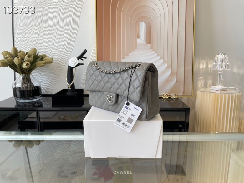 Ch**el classic flap bag grey caviar leather sliver chain a01112 25.5cm