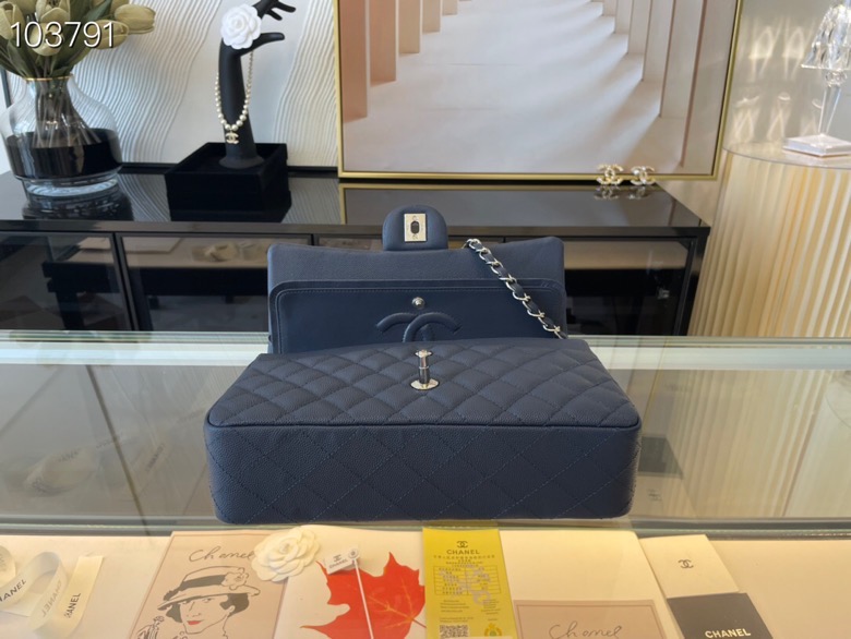 Ch**el classic flap bag black caviar leather sliver chain a01112 25.5cm