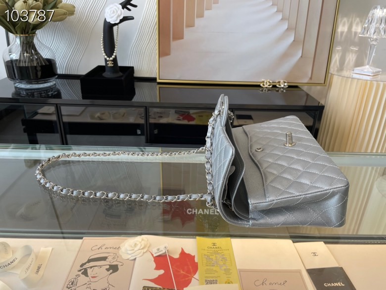 Ch**el classic flap bag light grey caviar leather sliver chain 25.5cm