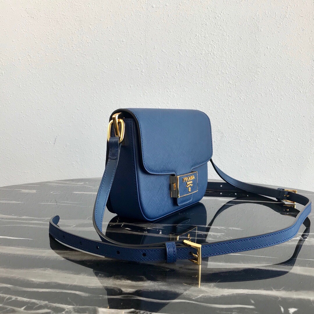 Pra*a saffiano leather emblème bag blue 1bd217 20.5 x 14 x 5 cm