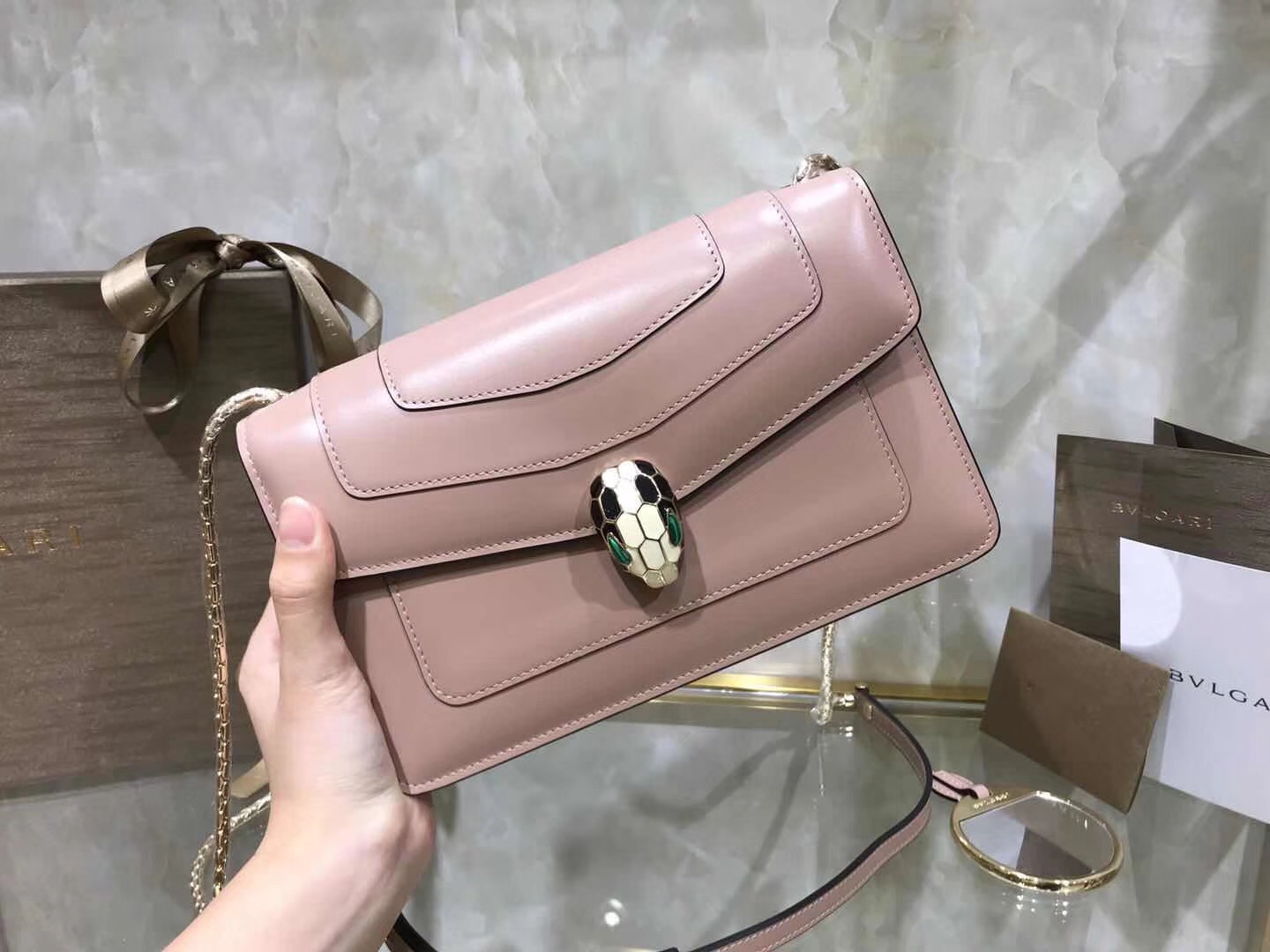 Bv1g*ai serpenti forever shoulder bag calfskin leater pink beige 38102 22 x 13 x 6 cm