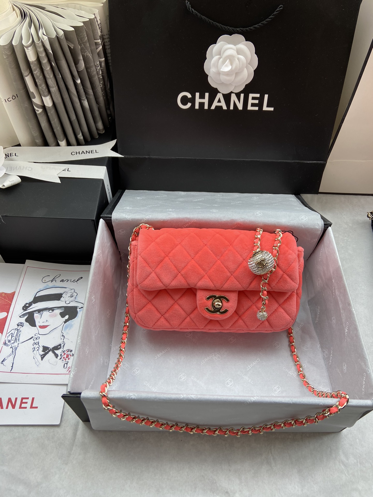 Ch**el charm strap flap bag velvet neon orange as1787 20 cm
