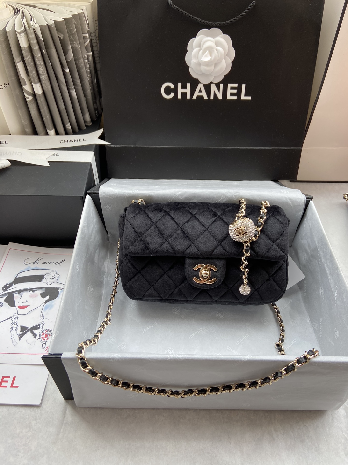 Ch**el charm strap flap bag velvet black as1787 20 cm