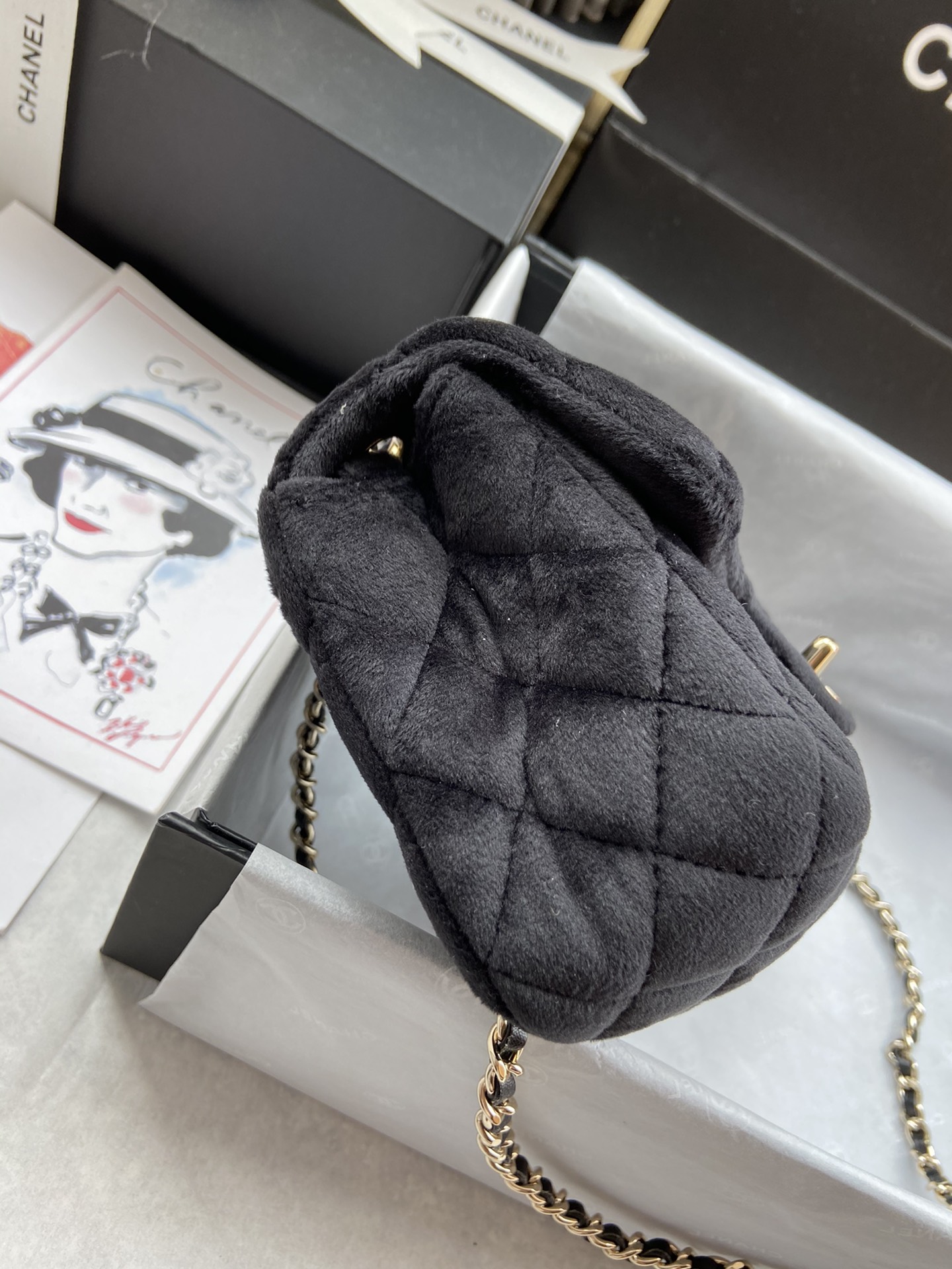 Ch**el charm strap flap bag velvet black as1787 20 cm