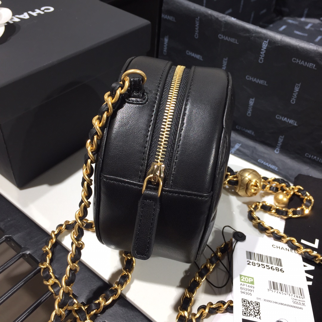 Ch**el round charm chain clutch leather black as1449 12 x 12 x 4.5 cm