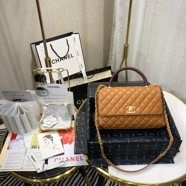 Ch**el small coco grained calfskin with top handle flap bag caramel a92991 28.5 x 18.25 x 11.75 cm