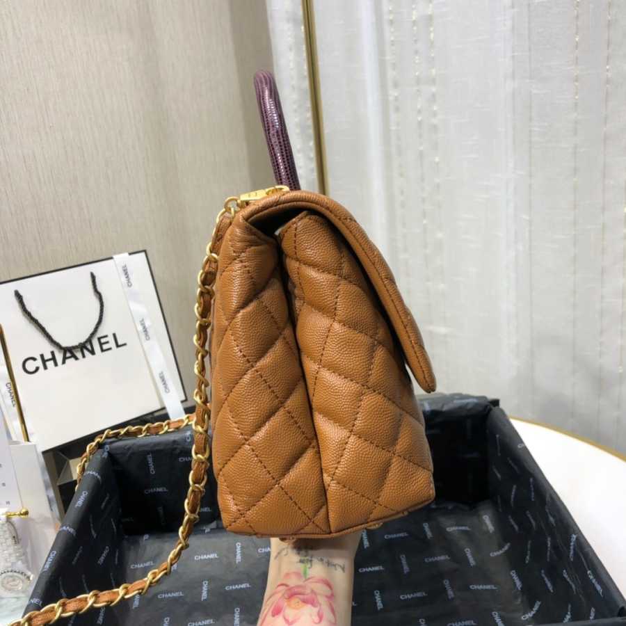Ch**el small coco grained calfskin with top handle flap bag caramel a92991 28.5 x 18.25 x 11.75 cm