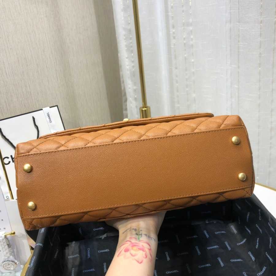 Ch**el small coco grained calfskin with top handle flap bag caramel a92991 28.5 x 18.25 x 11.75 cm