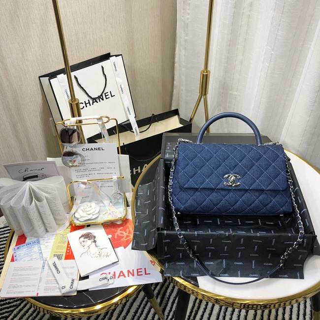 Ch**el small coco grained calfskin with top handle flap bag denim a92991 28.5 x 18.25 x 11.75 cm