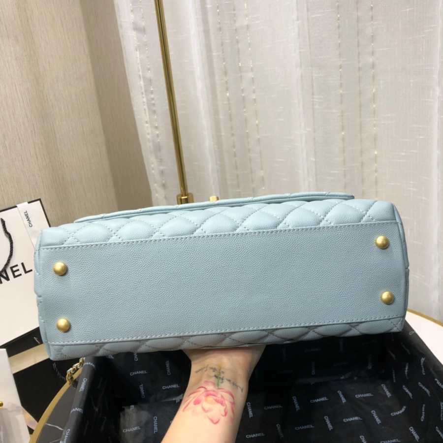 Ch**el small coco grained calfskin with top handle flap bag light blue a92991 28.5 x 18.25 x 11.75 cm