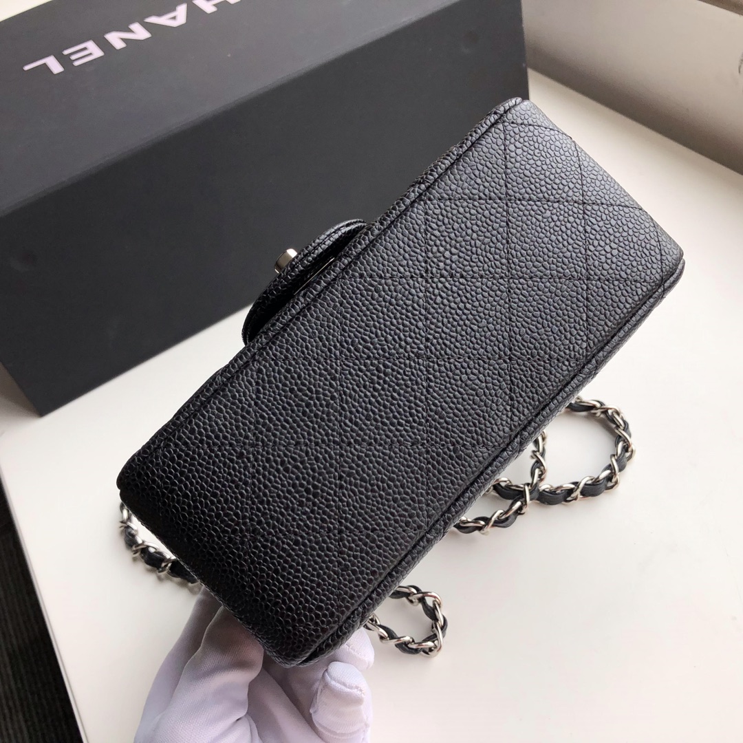 Ch**el mini flap bag caviar silver metal black a35200 17cm