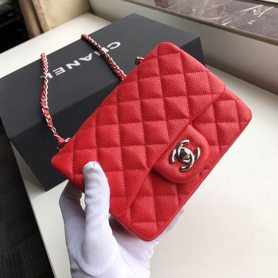 Ch**el mini flap bag caviar silver metal red a35200 17cm