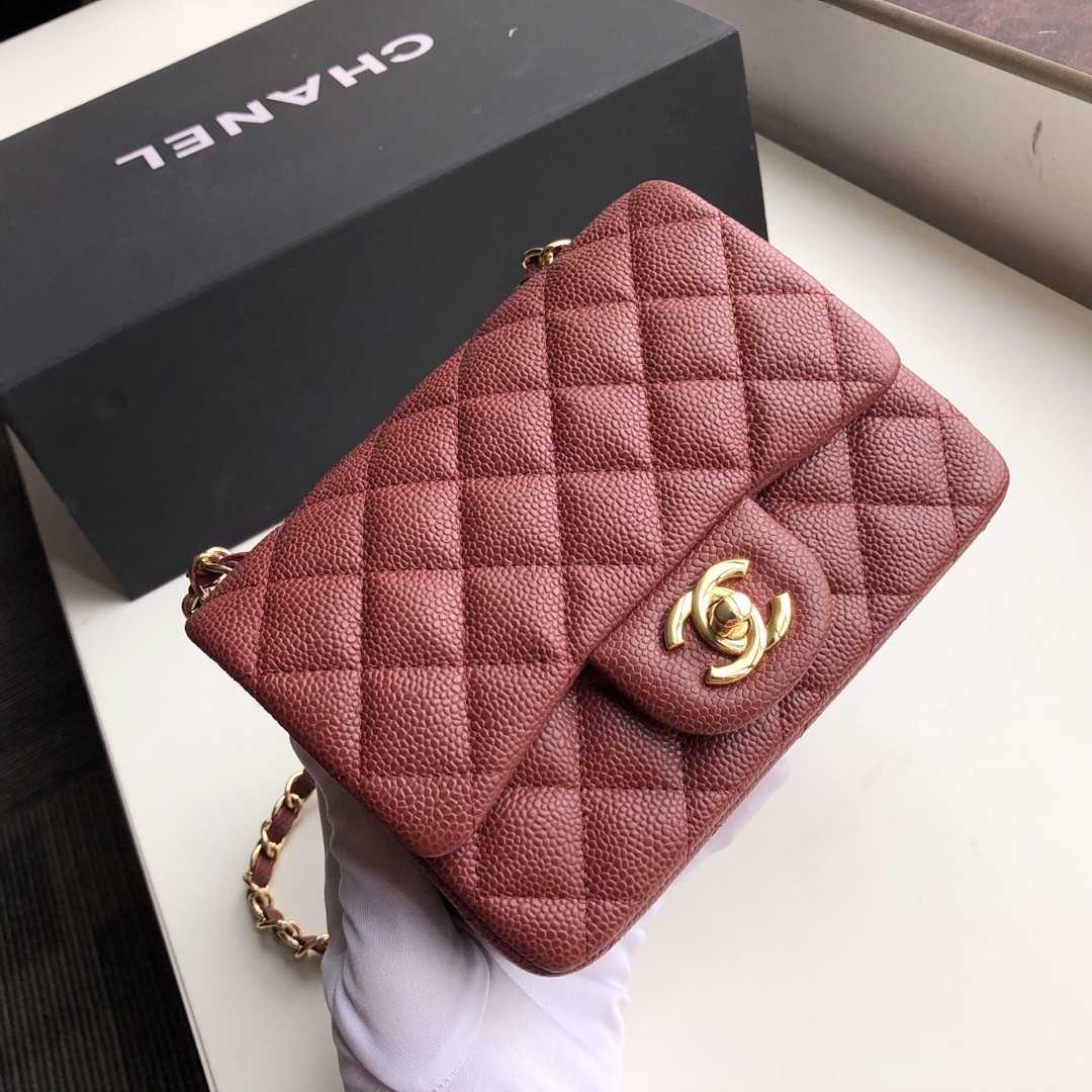 Ch**el mini flap bag caviar golden metal burgundy a35200 17cm