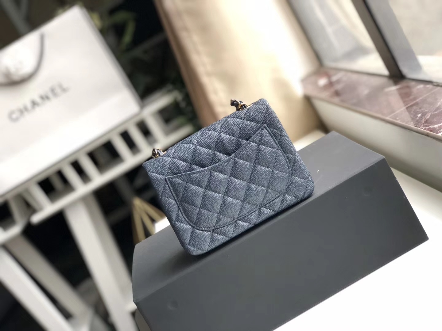 Ch**el mini flap bag caviar golden metal dark blue a35200 17cm