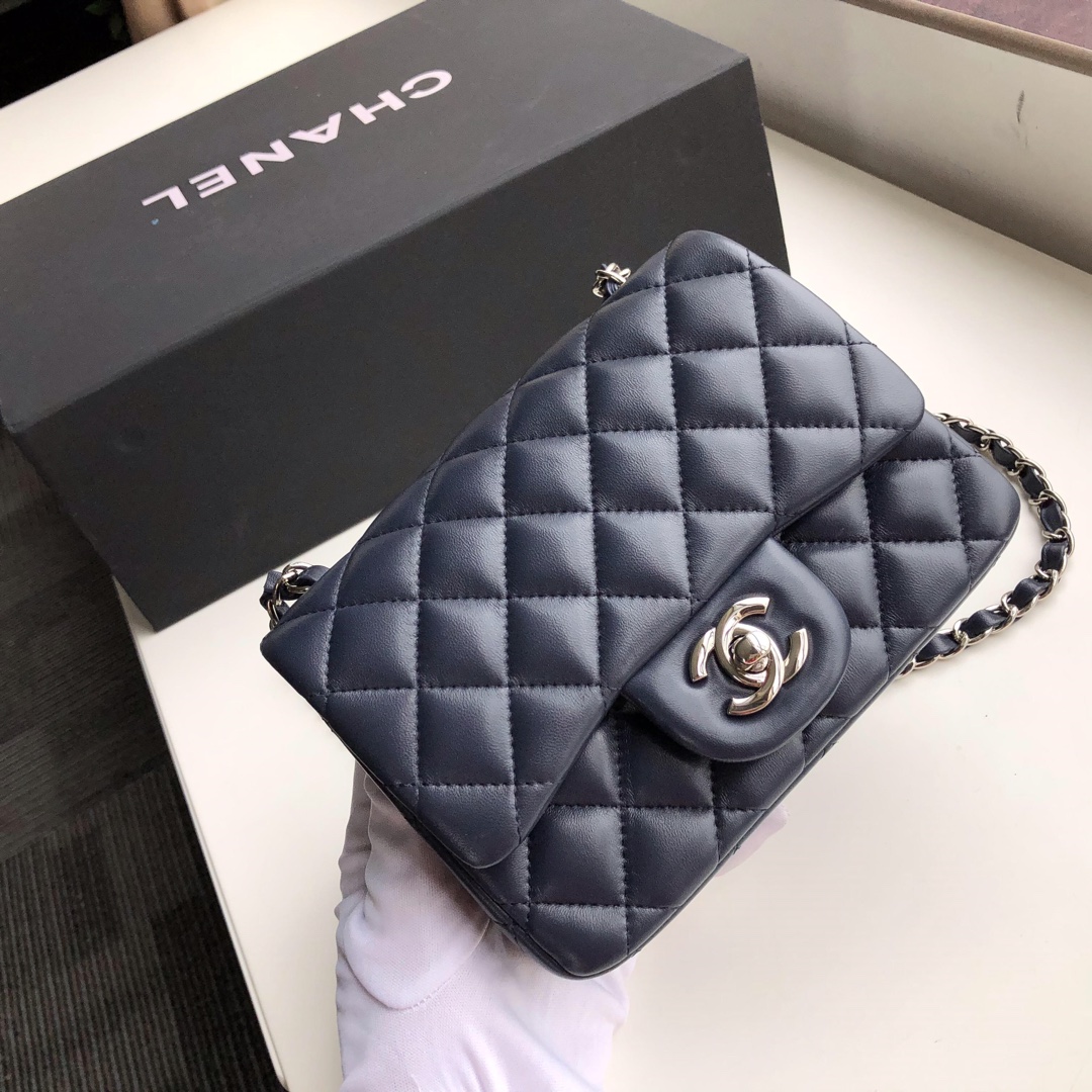 Ch**el mini flap bag lambskin silver metal dark blue a35200 17cm