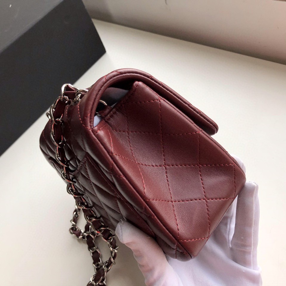 Ch**el mini flap bag lambskin silver metal burgundy a35200 17cm