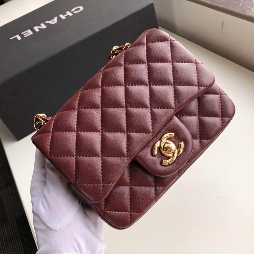 Ch**el mini flap bag lambskin golden metal burgundy a35200 17cm