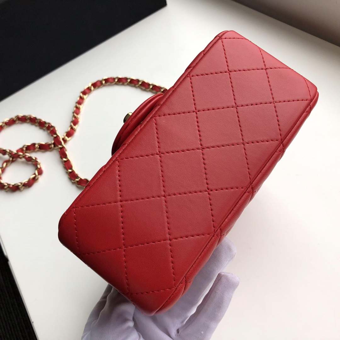Ch**el mini flap bag lambskin golden metal red a35200 17cm