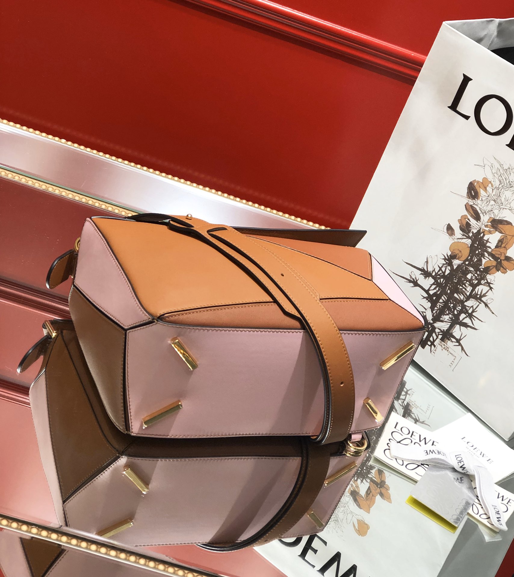 L0ew* medium puzzle bag classic calfskin gold metal tan/brown 322.30js20 29 x 18 x 12 cm