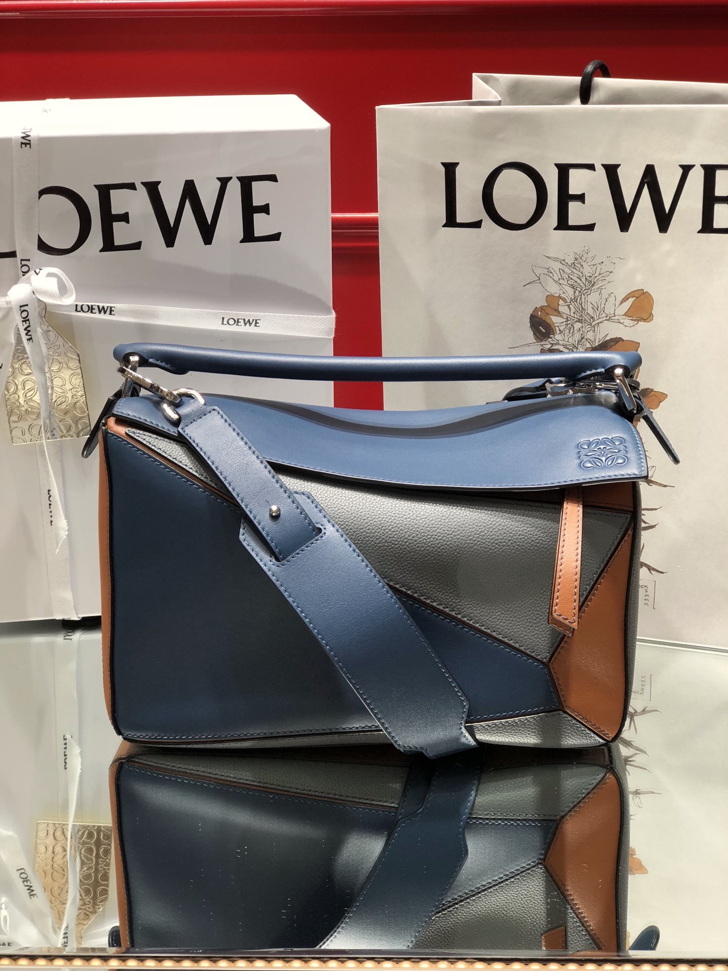 L0ew* medium puzzle bag classic calfskin palladium metal blue/orange a510s20x08 29 x 18 x 12 cm