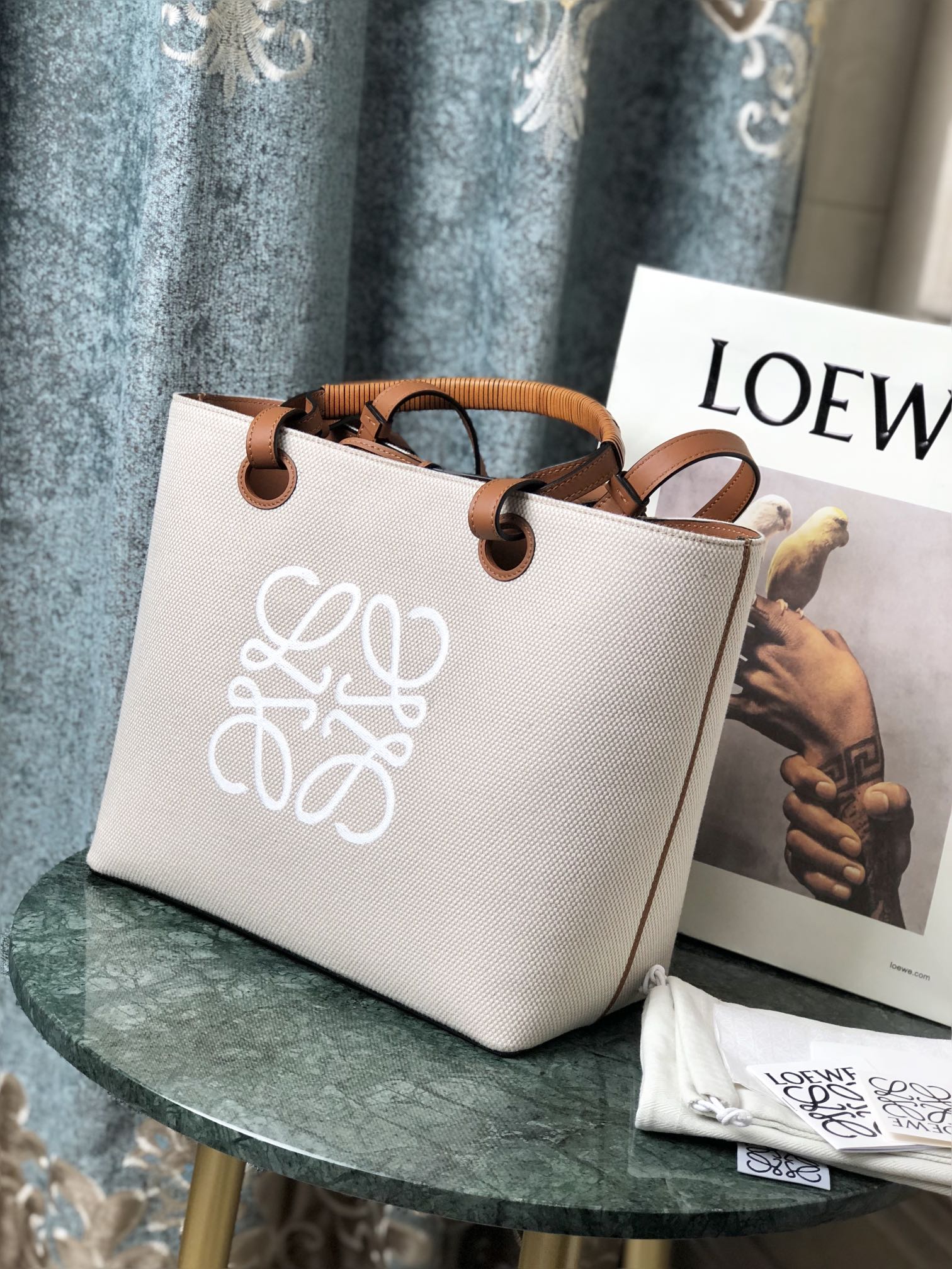L0ew* small anagram tote jacquard and calfskin ecru/tan a717s72x06 29 x 14 x 25 cm