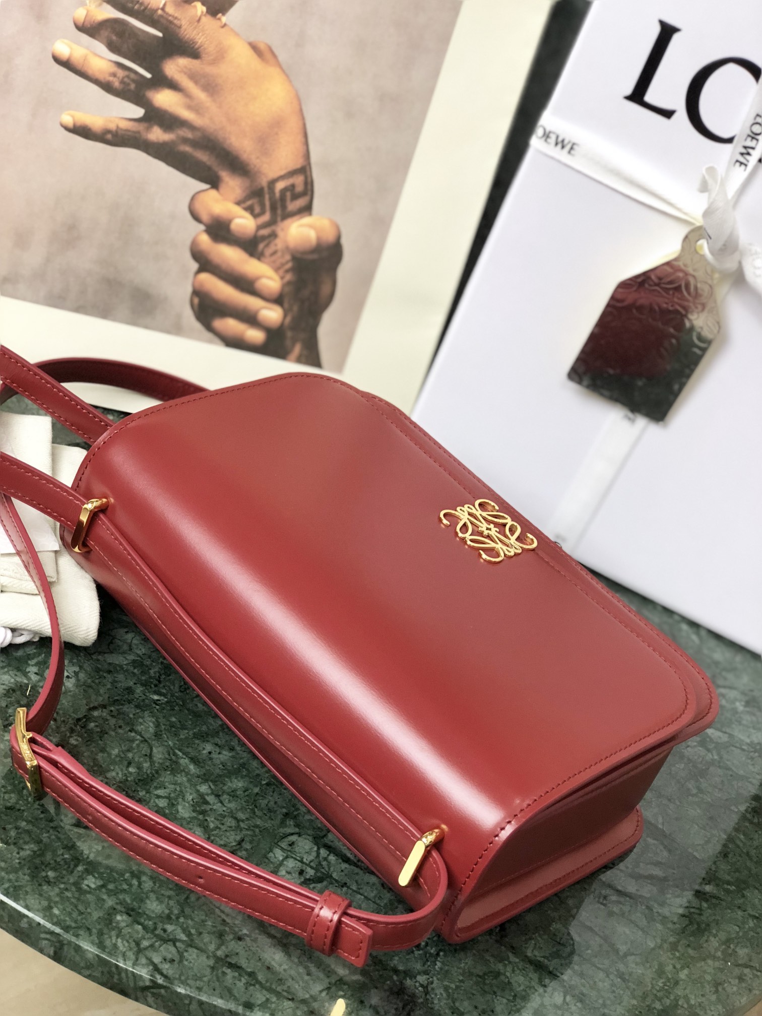 L0ew* medium goya bag silk calfskin deep red a896n01x03 23 x 15 x 6.5 cm