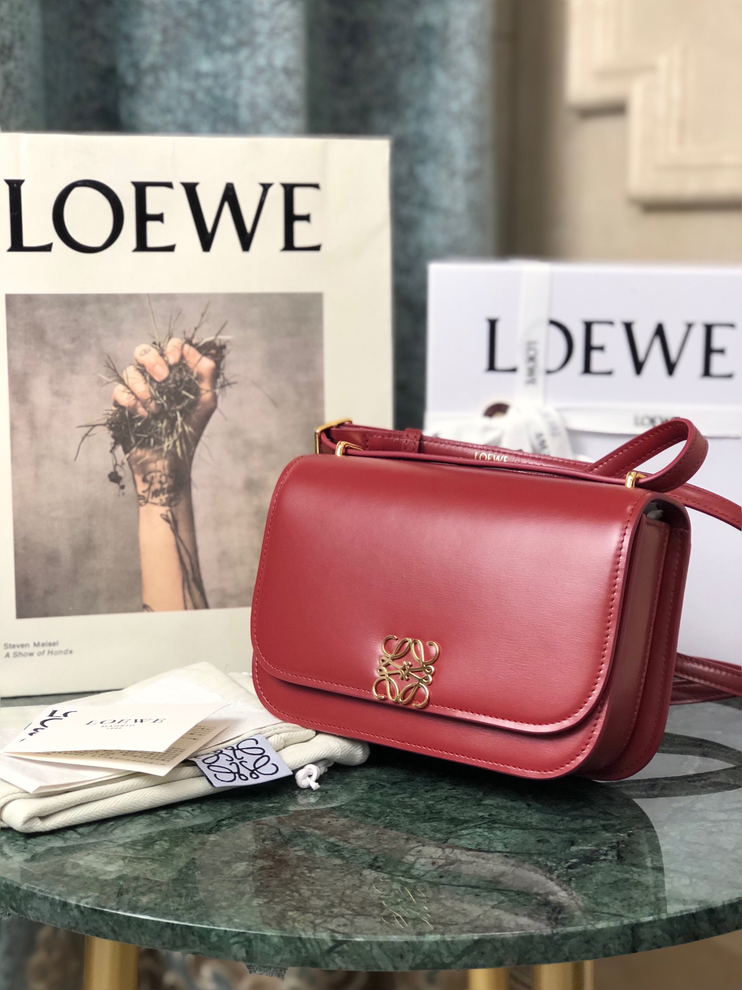 L0ew* small goya bag silk calfskin deep red a896n09x01 18.5 x 12.5 x 6 cm