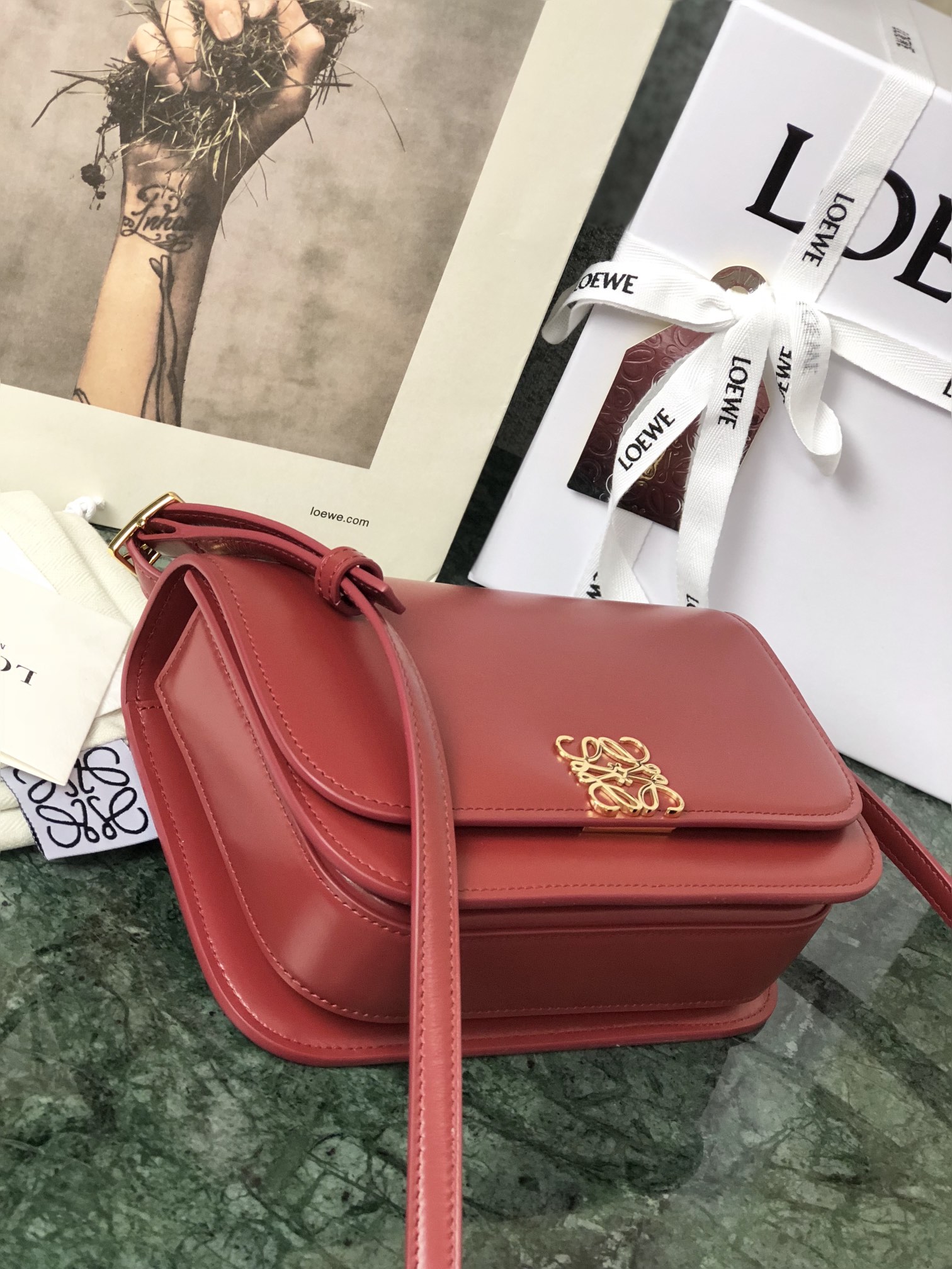 L0ew* small goya bag silk calfskin deep red a896n09x01 18.5 x 12.5 x 6 cm