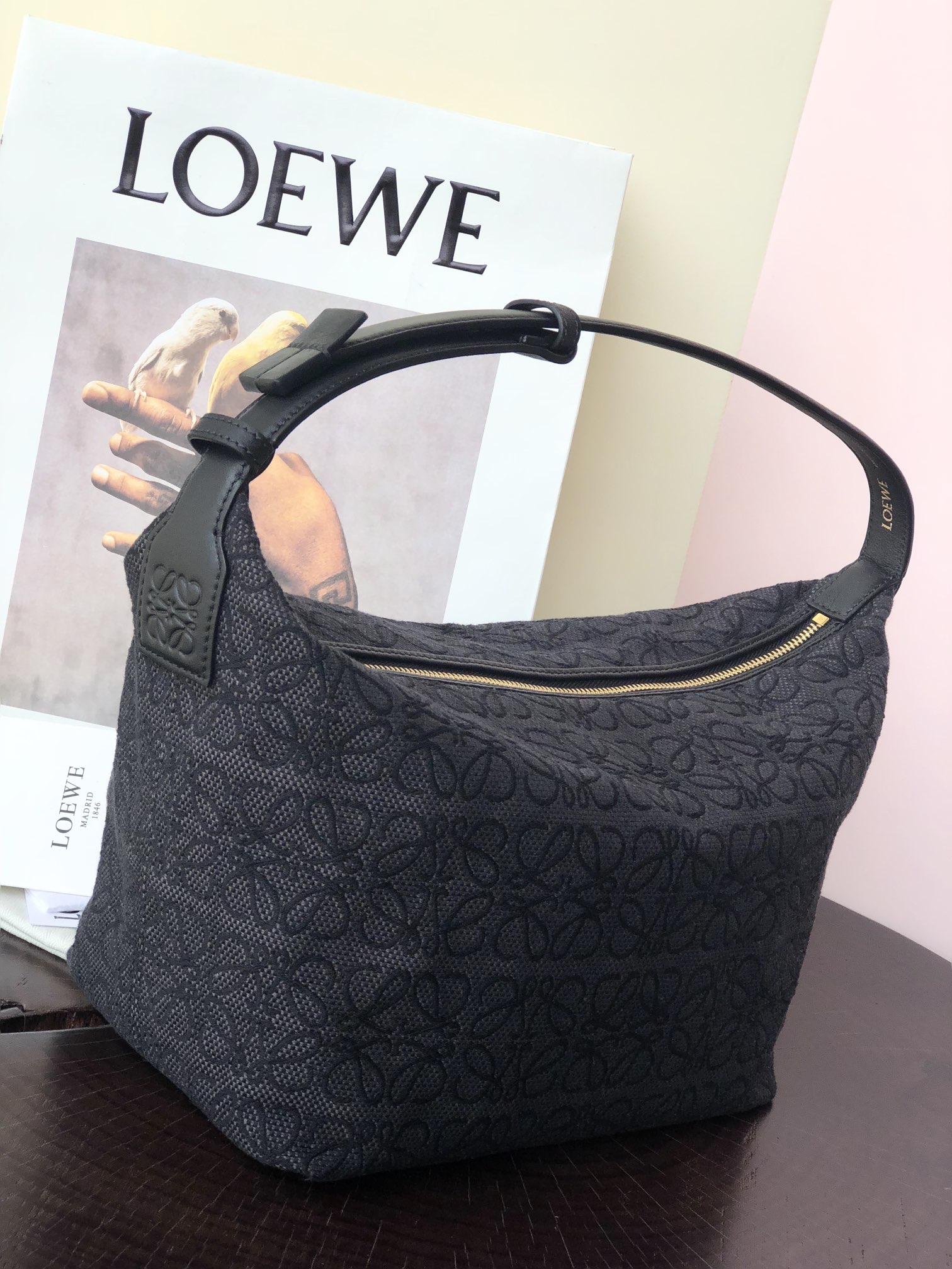 L0ew* medium cubi bag anagram jacquard and calfskin black a906k68x04 25 x 21 x 16.5 cm