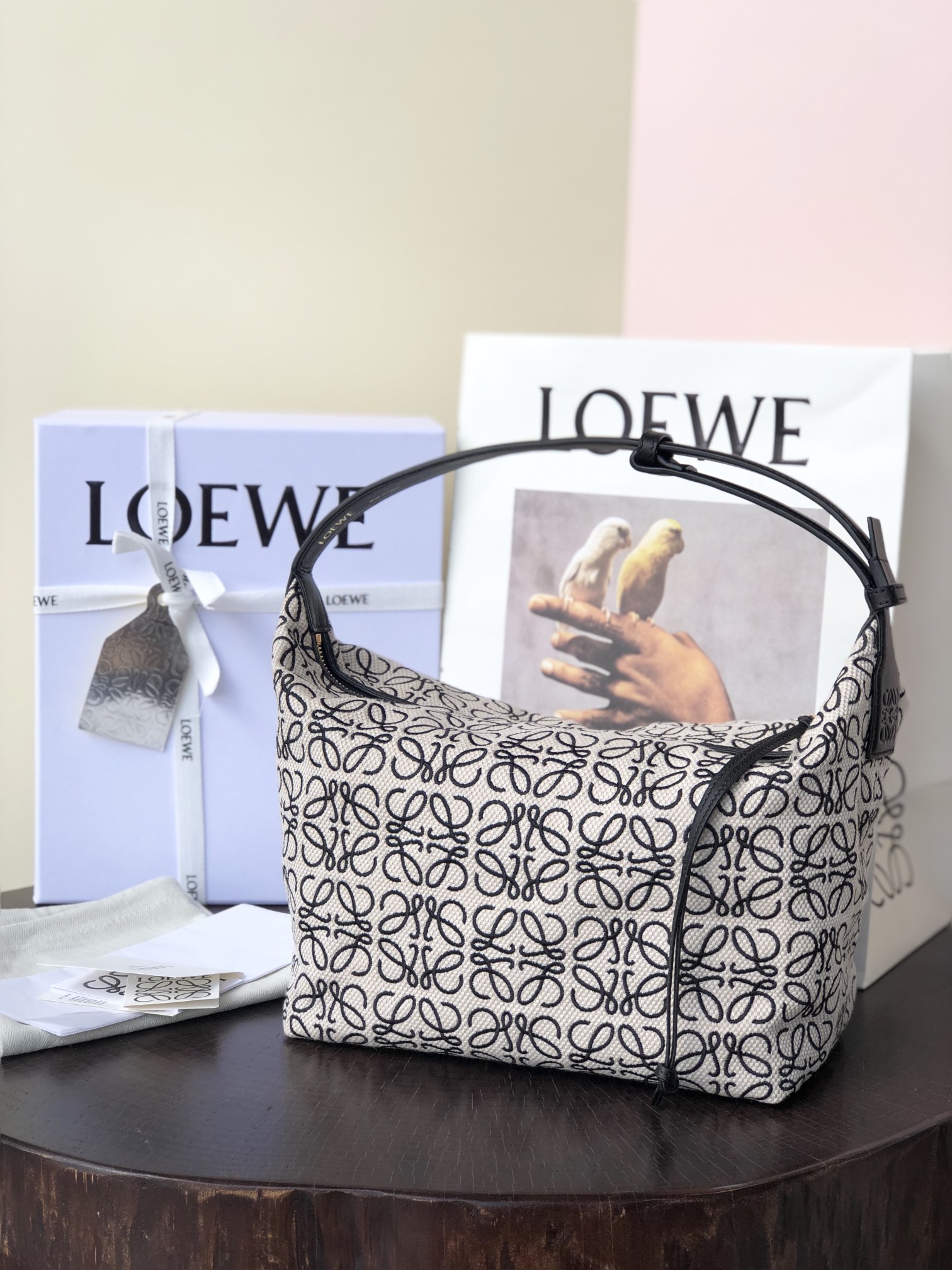 L0ew* medium cubi bag anagram jacquard and calfskin ecru/black a906k68x04 25 x 21 x 16.5 cm