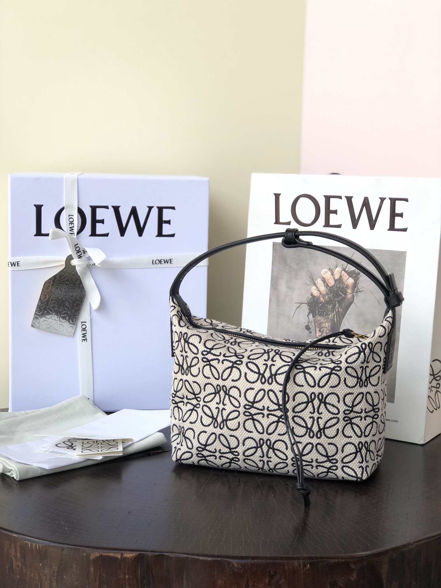 L0ew* small cubi bag anagram jacquard and calfskin ecru/black a906k75x04 21 x 12 x 17 cm