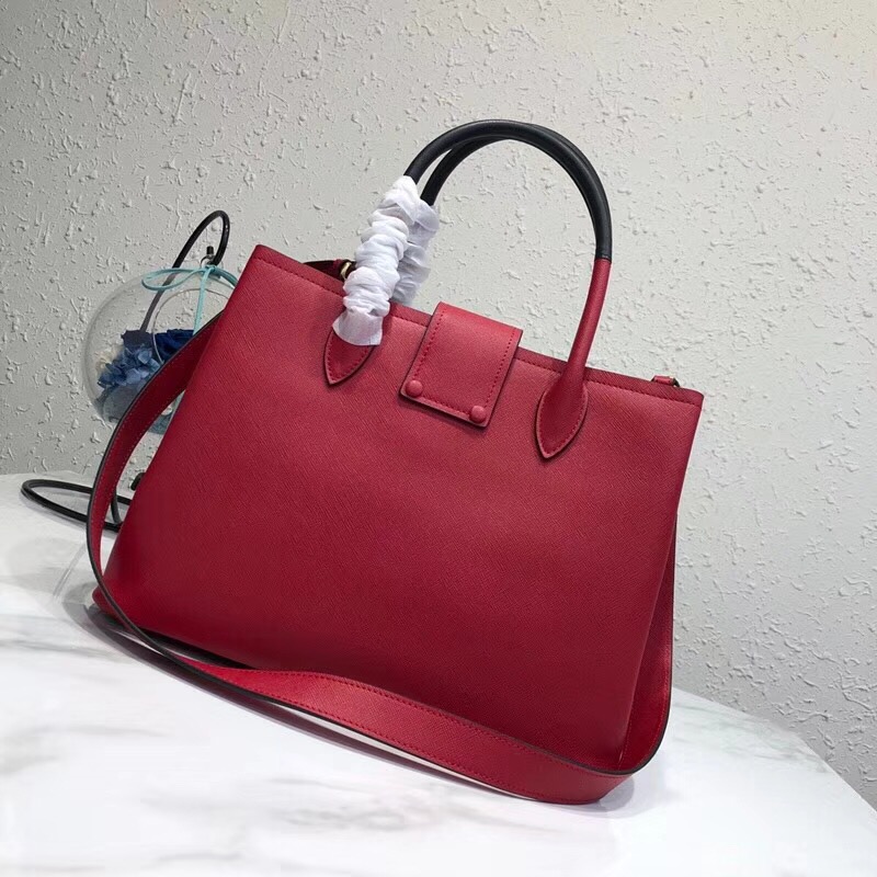 Pra*a top handle tote bag leather red/black 1bg148 33 × 24 × 14.5 cm
