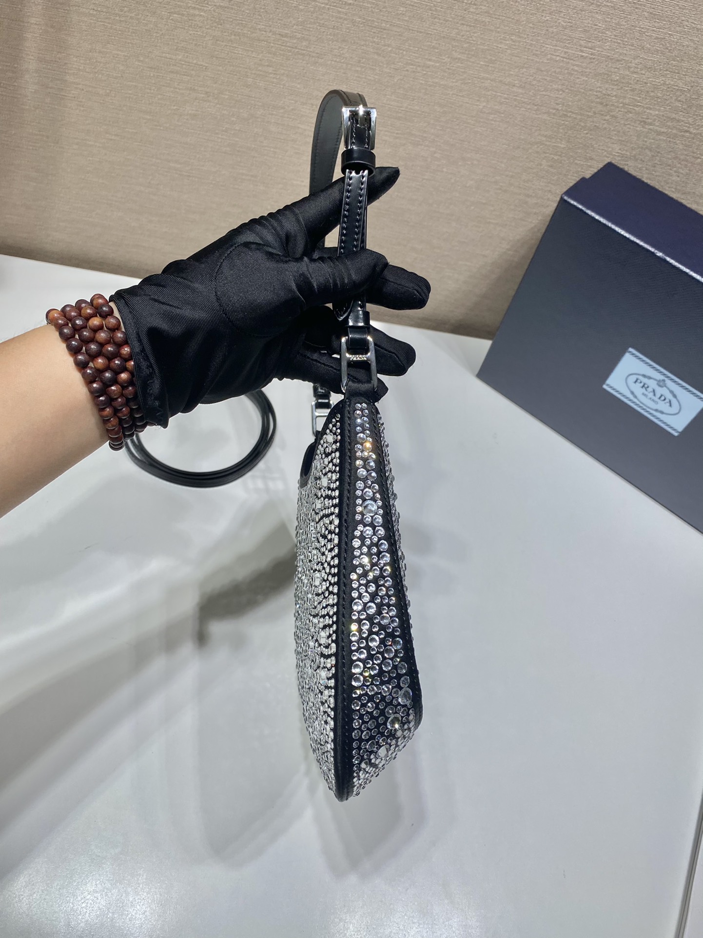 Pra*a cleo satin bag with appliqués black 1bc169 22 x 18.5 x 4.5 cm