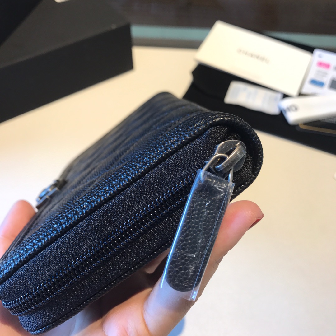 Ch**el boy long zipped wallet black metal grained leather black a80815 19cm