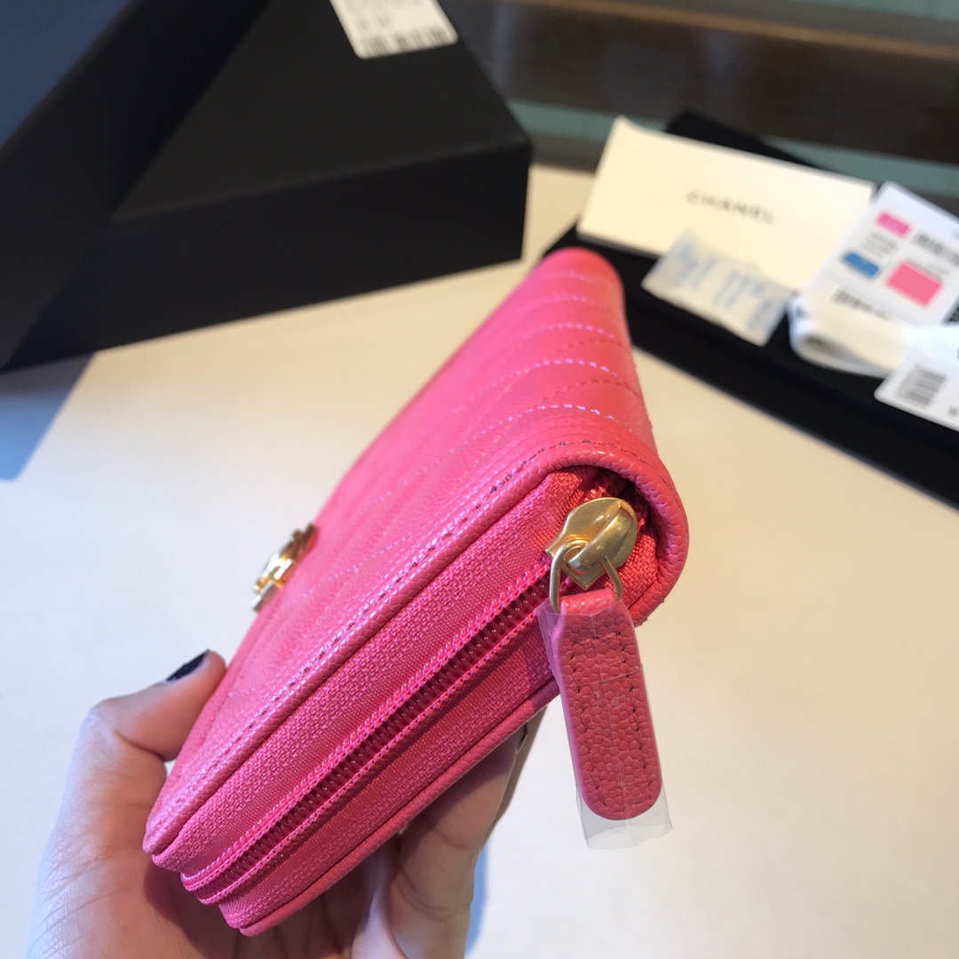 Ch**el boy long zipped wallet grained leather pink a80815 19cm
