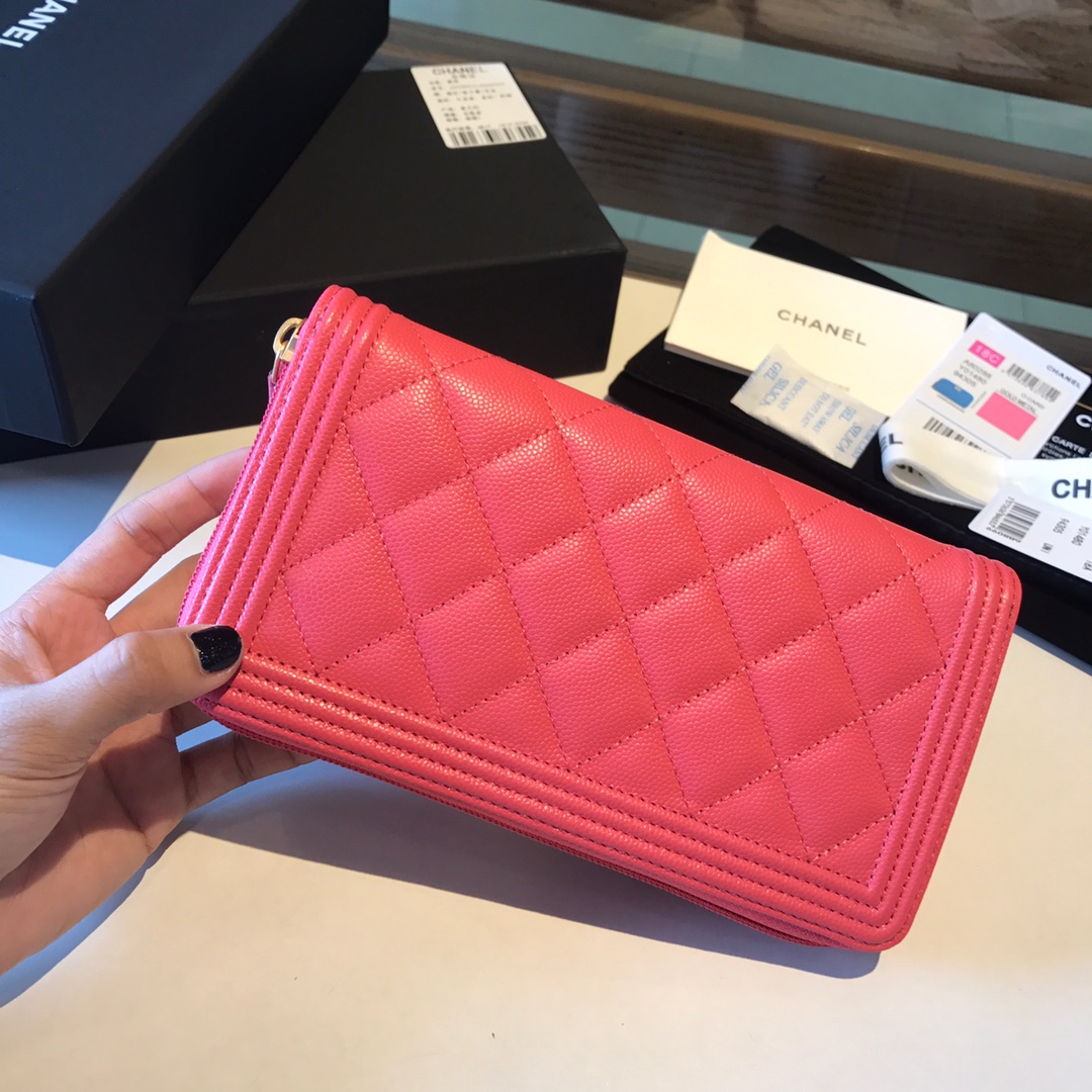 Ch**el boy long zipped wallet grained leather pink a80815 19cm