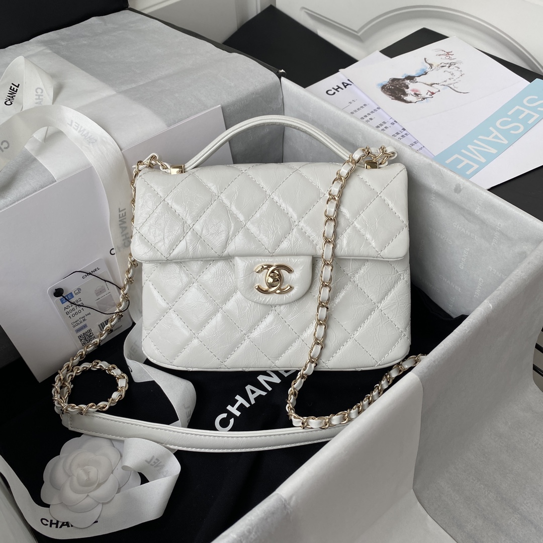 Ch**el mini flap bag with top handle crumpled leather white as2892 20 x 15 x 6.5 cm