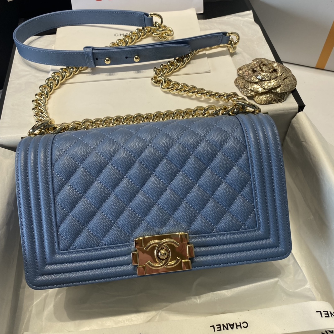 Ch**el medium boy bag classic gold-tone metal grained leather sky blue a67086 25cm