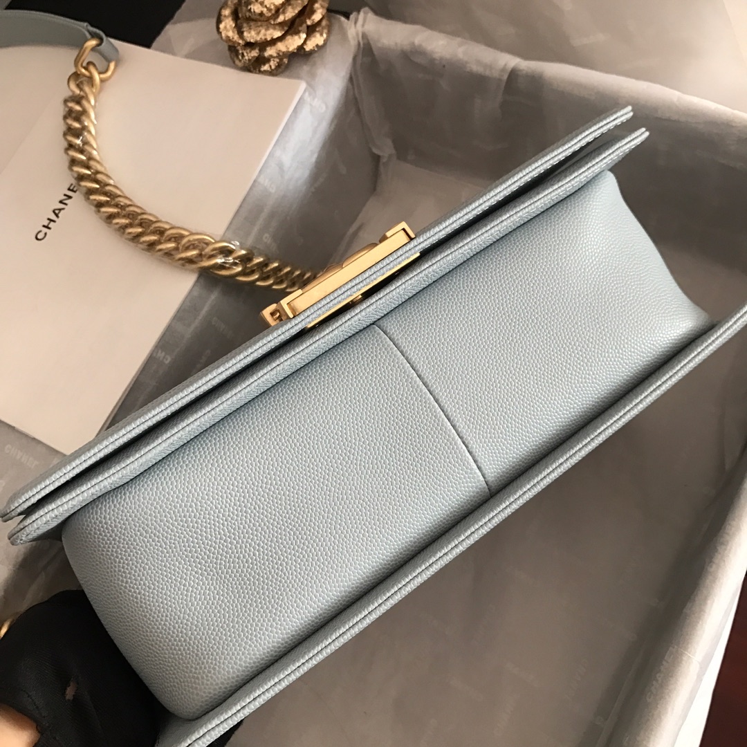 Ch**el medium boy bag classic gold-tone metal grained leather cornflower a67086 25cm