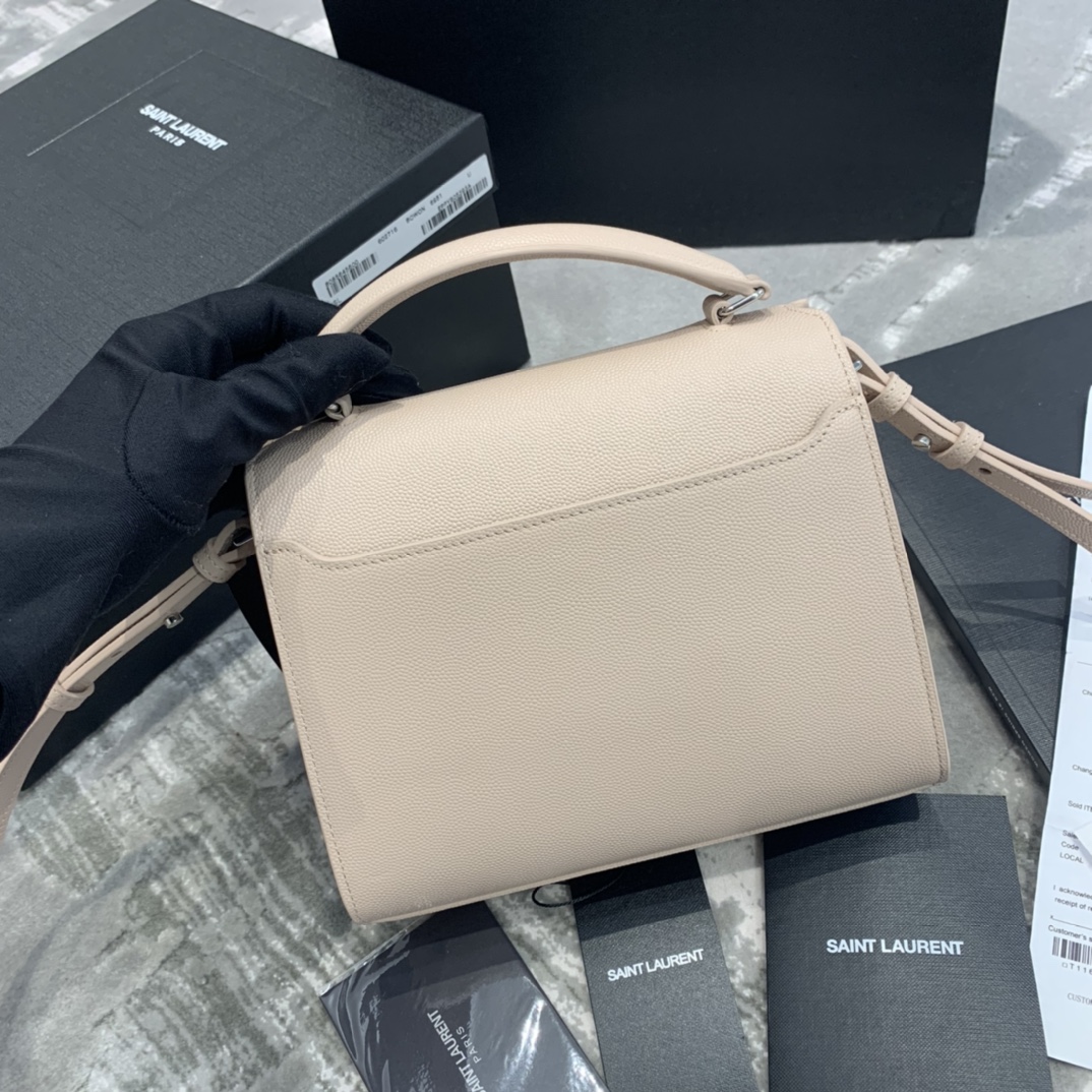 Y51 cassandra mini top handle bag grained leather beige 623930 20 x 16 x 7.5 cm