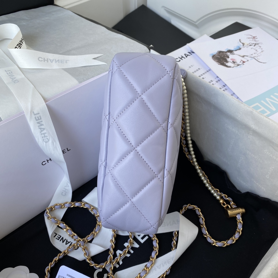 Ch**el mini camera case leather imitation pearls light purple as2856 18 x 14 x 7 cm