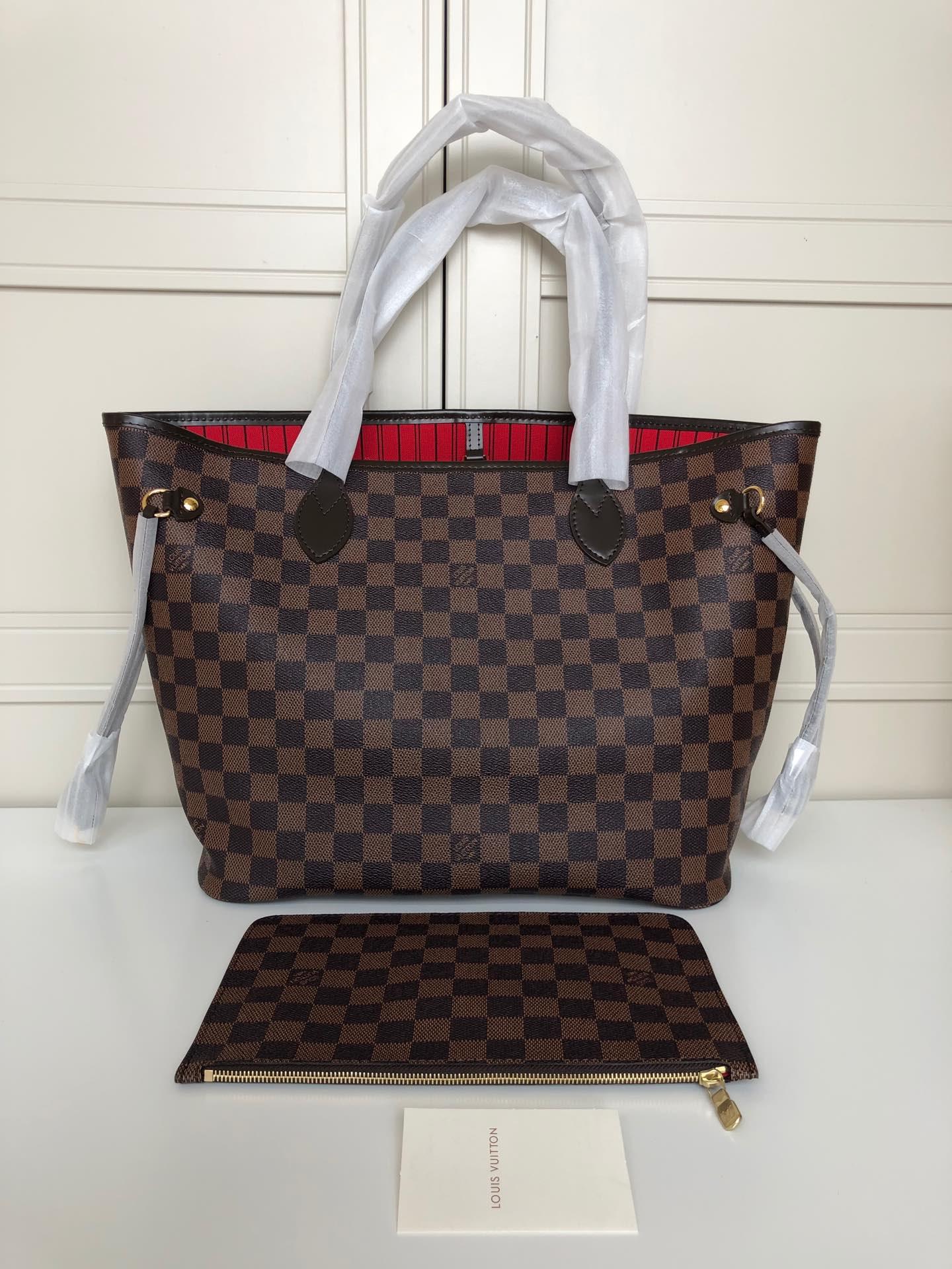 LV Neverfull shopping MM bag black check powder 32CM m41358