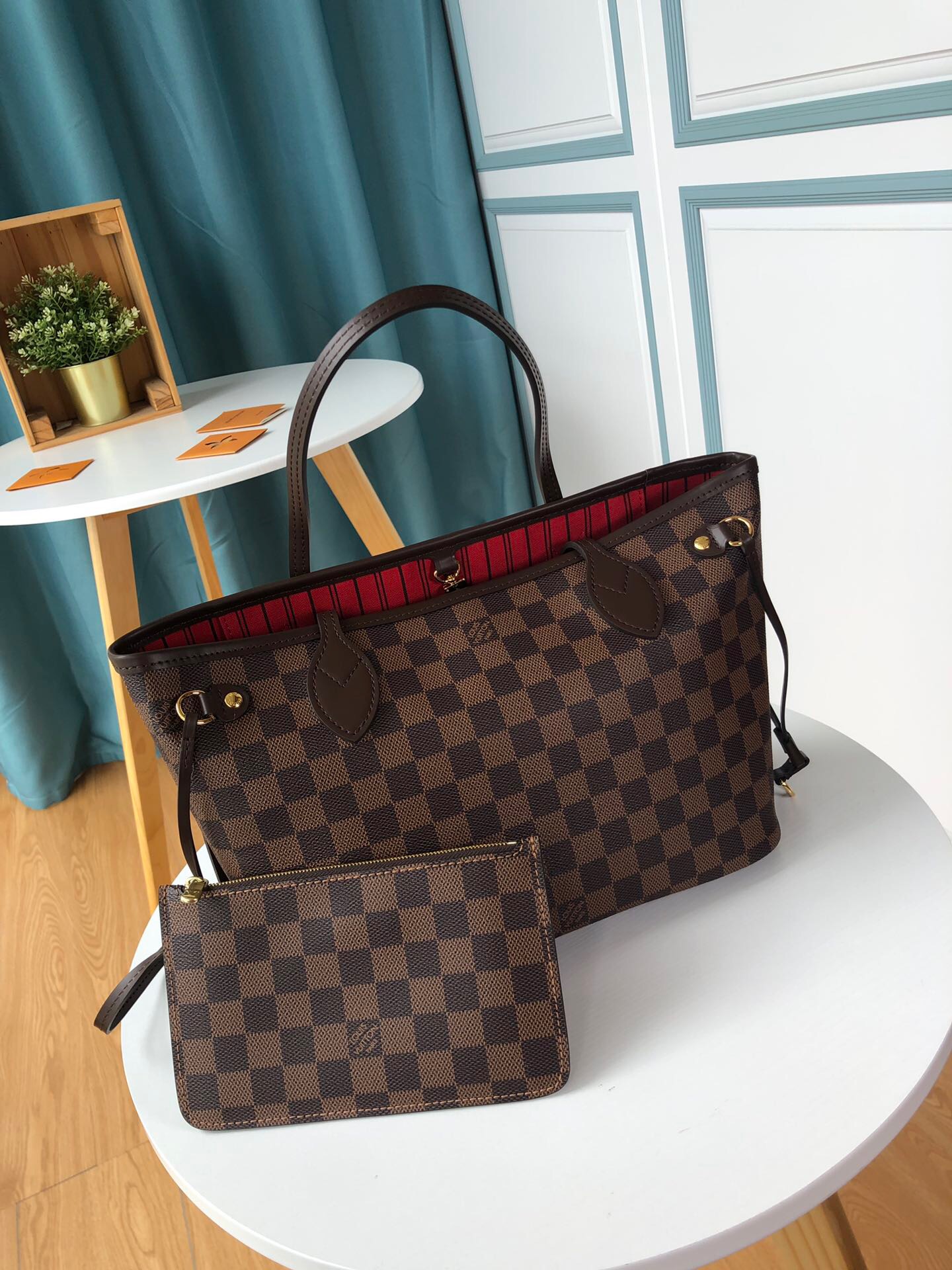 LV Neverfull shopping pm bag N41358 coffee with red 29cm
