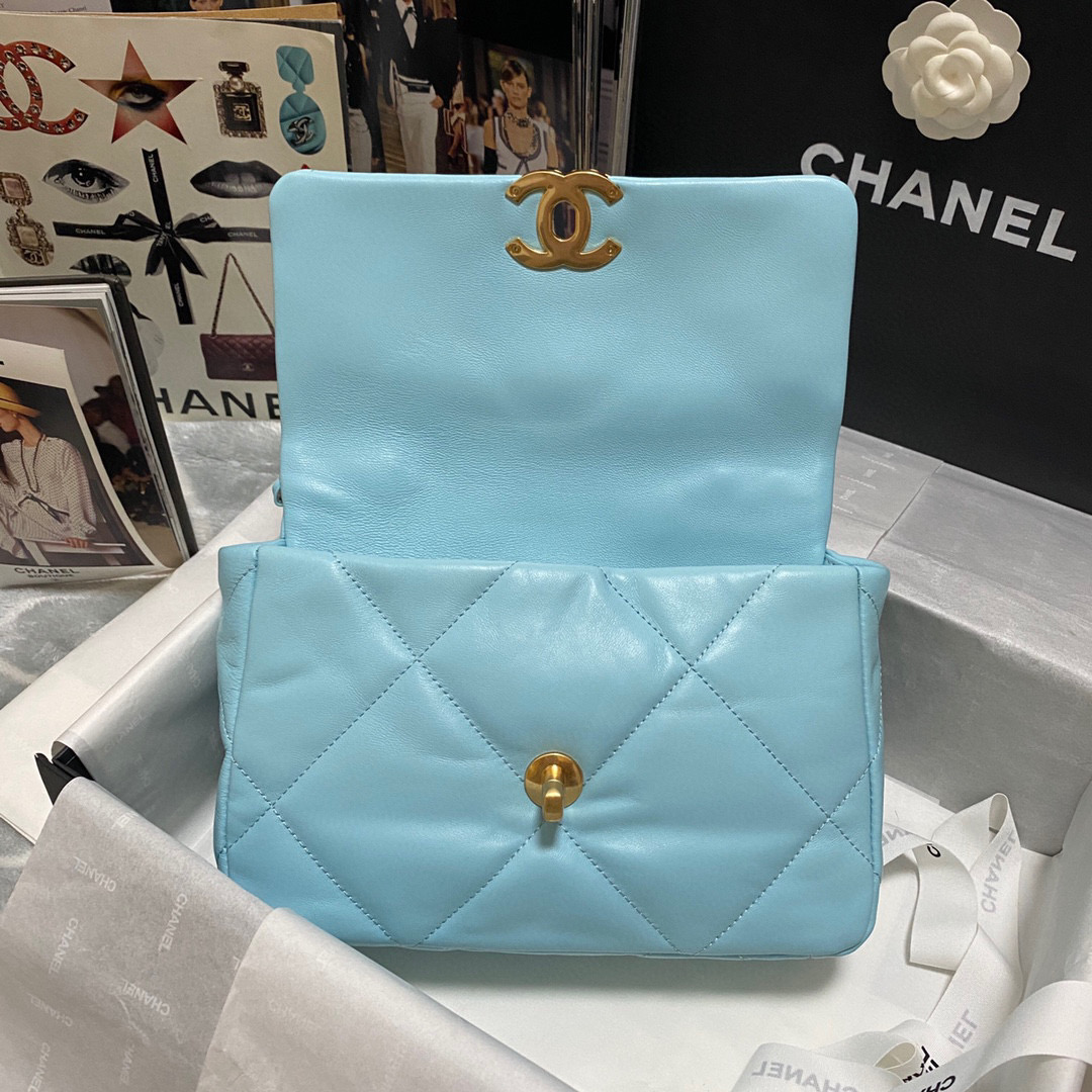 Ch**el 19 calfskin in blue-26×16×9cm